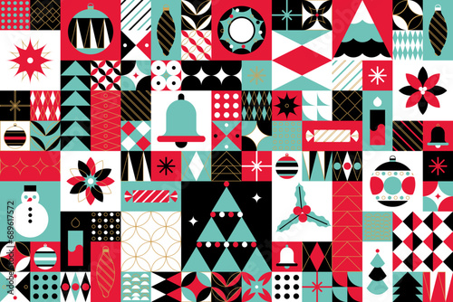 Christmas abstract geometric background with simple shapes, Santa Claus. Seamless pattern in Scandinavian style. Vector illustration, flat style, geometry. Gift wrapping, branding, textiles