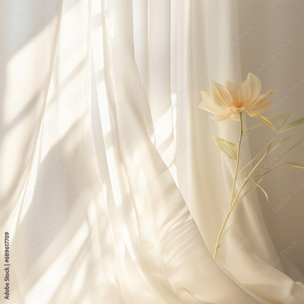 A lone flower on a sheer curtain softly backlit by sunlight, creating an atmosphere of calm - obrazy, fototapety, plakaty 