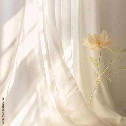 A lone flower on a sheer curtain softly backlit by sunlight, creating an atmosphere of calm photo