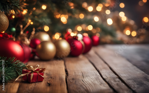 Closeup on a wooden table with christmas decorations and trees in background, for template