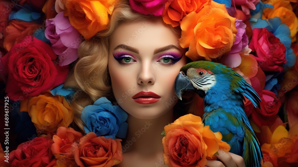 A beautiful fashion woman is surrounded by colored flowers and parrots, in the style of surreal fashion photography. woman with colorful makeup and parrots, birds by her side. 