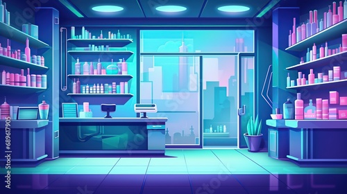 Illustration of pharmacy store or medical clinic. Drugstore concept background. Generative AI.
