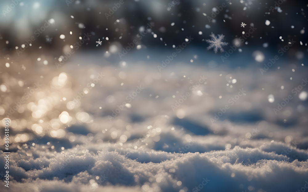 Closeup on snowflakes on the ground, with a winter defocused background