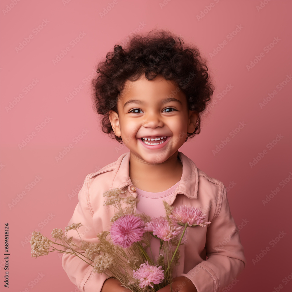 Jeune enfant souriant capturant la jeunesse, sur un fond rose Jeune enfant souriant capturant la jeunesse, sur un fond rose