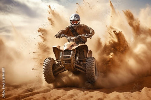 bike in dust cloud, sand quarry on background. ATV Rider in the action photo