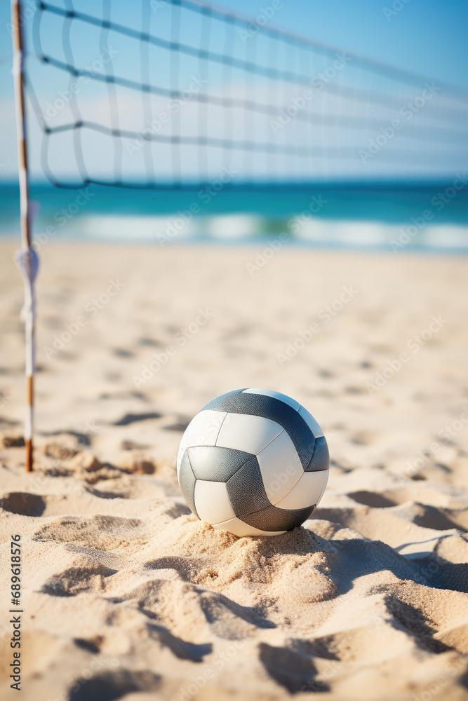 Obraz premium Vertical Close-up of a beach volleyball on the sand of a sunny shore. Summer beach entertainment, fun activity on vacation.