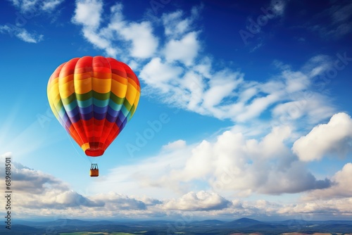 Closeup of hot air balloon in blue cloudy sky