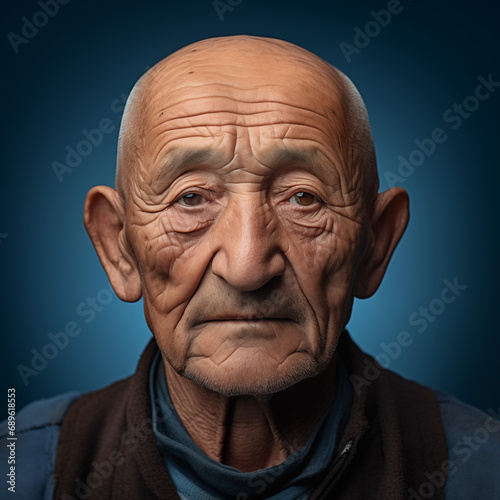 Portrait sérieux d'un homme âgé d'origine maghrébine sur fond bleu photo