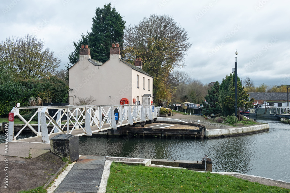 Fototapeta premium View of the Gloucester and Sharpness canal at Saul Junction where it intersects the Stroudwater canal. Both UK waterways date back to the early Victorian era