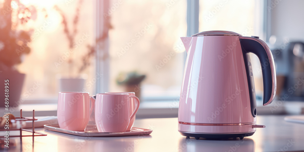 Electric pastel color kettle and tea or coffee cups on the table in a modern kitchen in light colors. Modern Tea set for quick preparation of hot drinks. - obrazy, fototapety, plakaty 