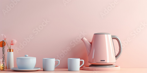 Electric pink kettle and tea or coffee cups on the table in a modern kitchen in light colors. Modern Tea set for quick preparation of hot drinks.