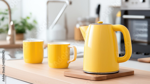 Electric pastel color kettle and tea or coffee cups on the table in a modern kitchen in light colors. Modern Tea set for quick preparation of hot drinks.
