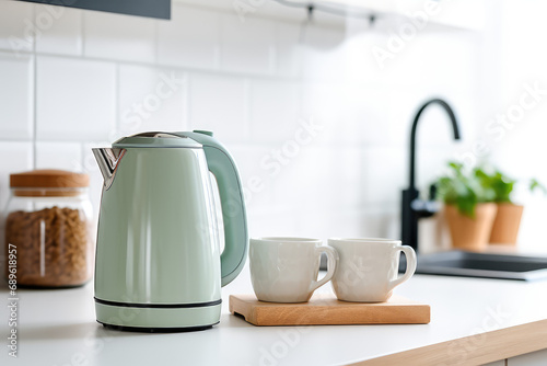 Electric pastel color kettle and tea or coffee cups on the table in a modern kitchen in light colors. Modern Tea set for quick preparation of hot drinks.