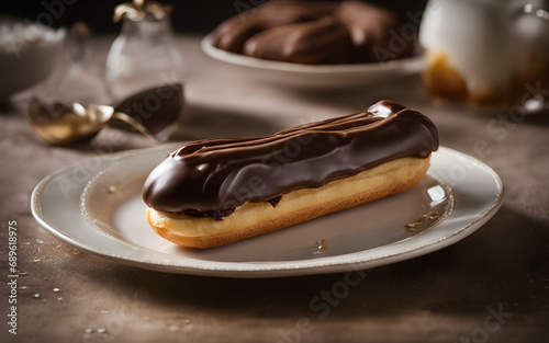 Closeup on a chocolate eclair, on a table with classy dressing
