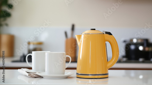 Electric yellow kettle and tea or coffee cups on the table in a modern kitchen in light colors. Modern Tea set for quick preparation of hot drinks.