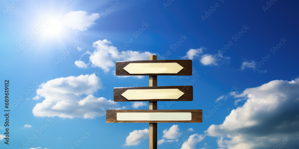 Three Empty blank Road signboard against blue sky with copy space. Creative concept for path selection, business strategy and decision making. Three Empty blank Road signboard against blue sky with copy space. Creative concept for path selection, business strategy and decision making.