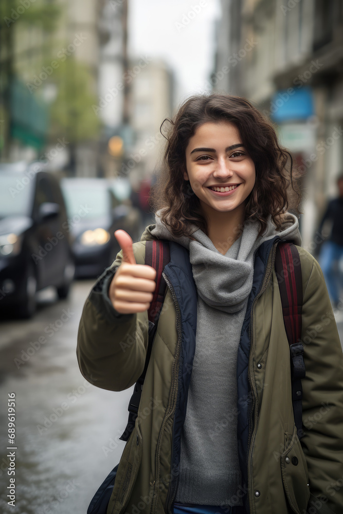 Vertical Portrait of smiling young woman showing thumb up against city street background. Youth, energy, city life. Vertical Portrait of smiling young woman showing thumb up against city street background. Youth, energy, city life.