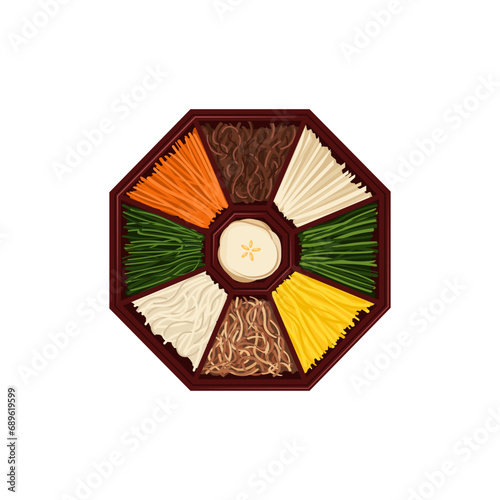 Gujeolpan an elaborate Korean dish consisting of nine different foods assorted on a wooden plate. Korean royal court cuisine