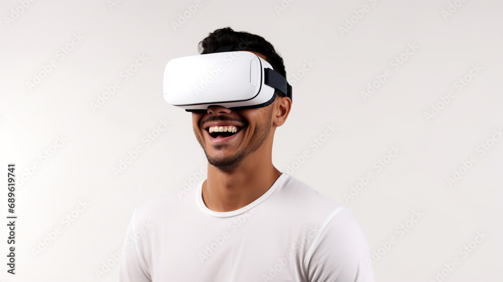 smiling young man using virtual reality headset isolated on white background smiling young man using virtual reality headset isolated on white background