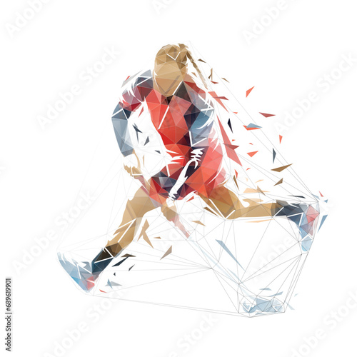 Floorball, woman playing floorball and running with ball, low poly isolated vector illustration