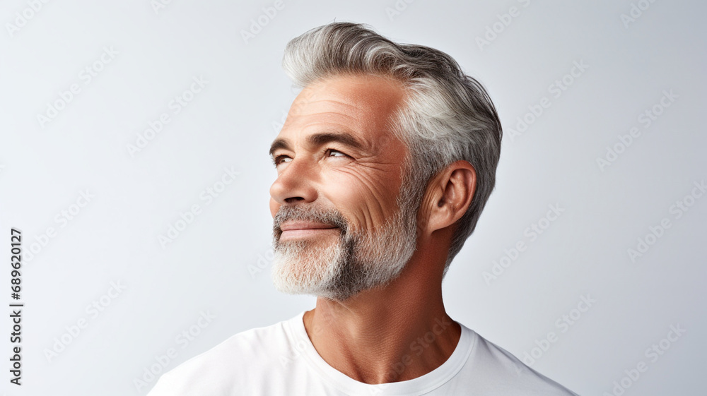 side view Attractive gorgeous mature older man looking at camera isolated on white background advertising skincare spa treatment. Mid age tightening face skin care rejuvenation cosmetics concept. side view Attractive gorgeous mature older man looking at camera isolated on white background advertising skincare spa treatment. Mid age tightening face skin care rejuvenation cosmetics concept.