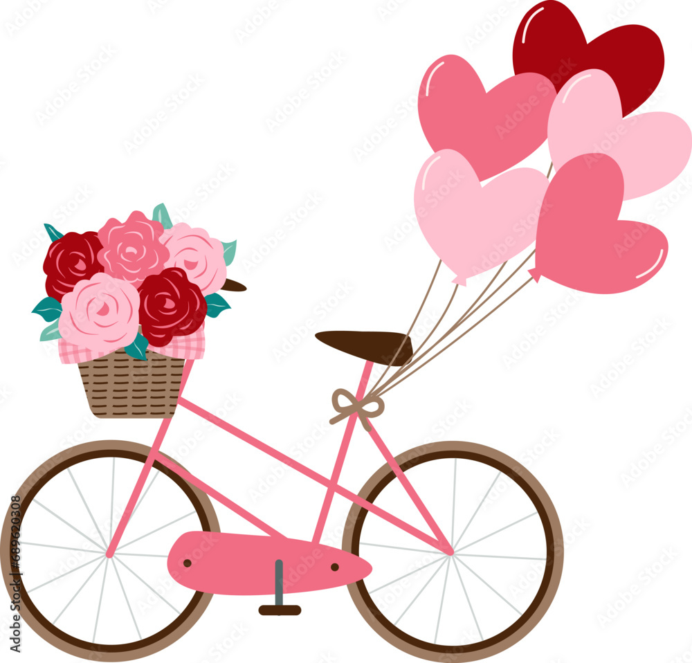pink bicycle with heart balloons and rose bouquet in basket hand draw clipart vector  for  invitation greeting birthday party celebration wedding card poster banner textiles wallpaper background