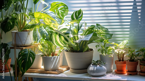 Variety of houseplants in pots on window sill at home