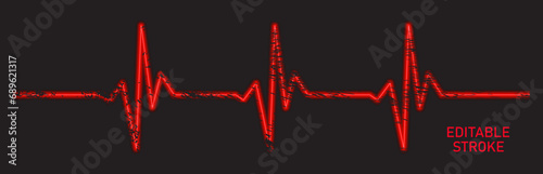 Editable line 3d heart diagram, neon red EKG, cardiogram, heartbeat line vector design to use in healthcare, healthy lifestyle, medical laboratory, cardiology project. 