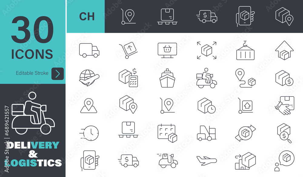 Delivery and Logistics Icon set. 30 editable stroke vector graphic elements, Business, Delivering, Freight Transportation, Shipping
