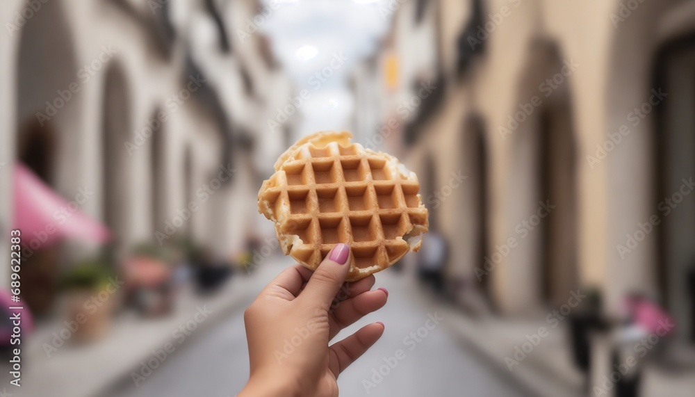 Fototapeta premium Holding a sweet french waffle on european streets, blurred background