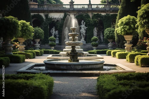 Elegant and tranquil royal garden featuring a classic fountain - embodying the aristocratic beauty of nature's royalty.