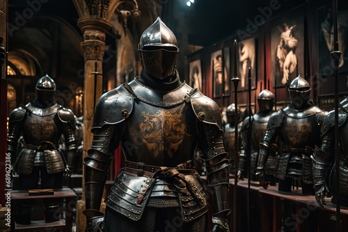 Imposing display of medieval weaponry and armor in an ancient royal armory - reflecting historic military regalia and knightly heritage.