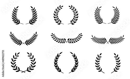 Set of black circular foliate laurels branches. Vector black laurels set. Emblem floral greek branch flat style