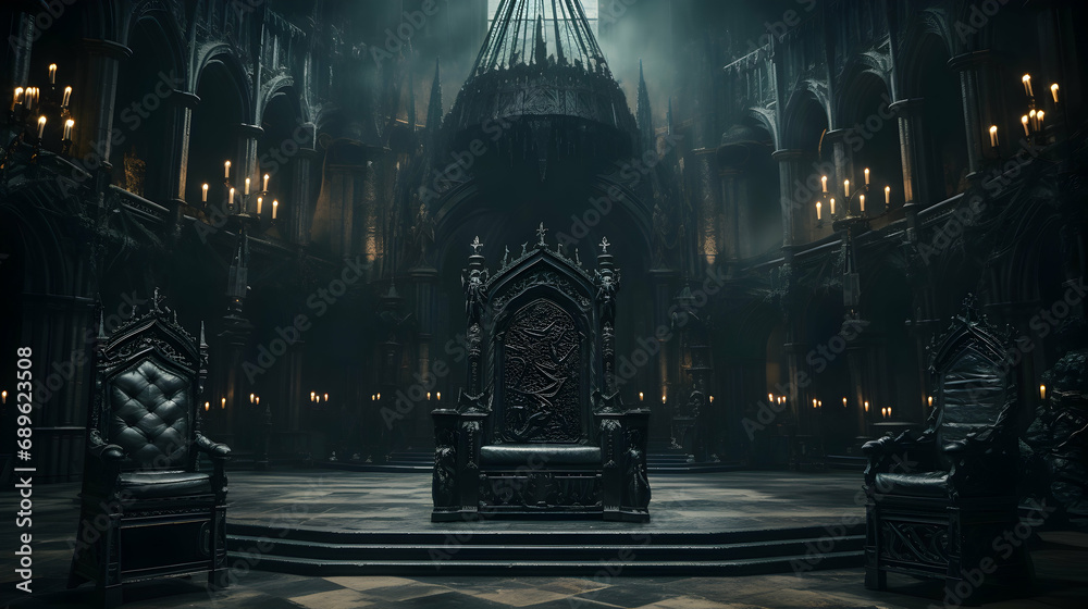 Majestic gothic dark fantasy castle hall with throne and torches, perfect for fantasy settings - obrazy, fototapety, plakaty 