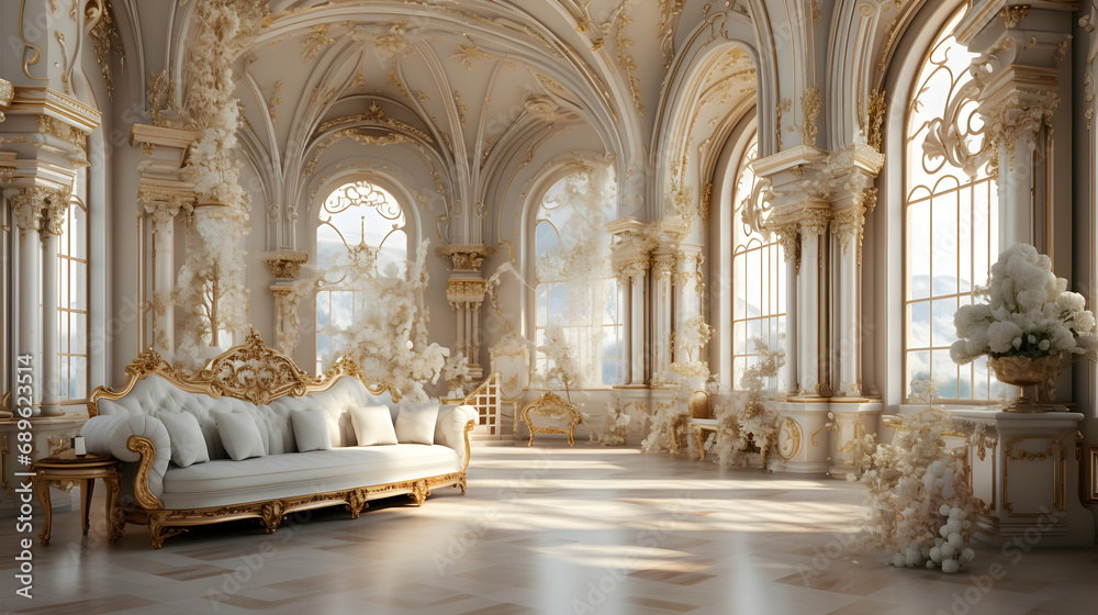 Luxury baroque-style castle lobby with elegant floral arrangements, bathed in natural light - obrazy, fototapety, plakaty 