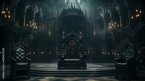 Majestic gothic dark fantasy castle hall with throne and torches, perfect for fantasy settings photo
