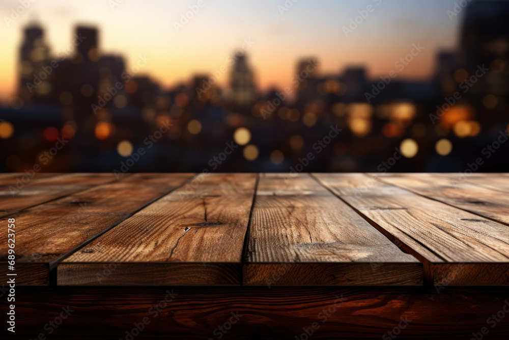 Wooden slatted table with a background of defocused lights. Generative AI. Wooden slatted table with a background of defocused lights. Generative AI.