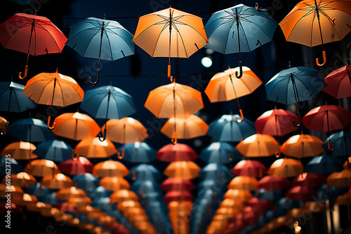 group of umbrellas suspended in the air, choreographed in a graceful dance-like formation. Utilize vibrant colors and creative angles to turn the photo into a visual ballet of floa photo