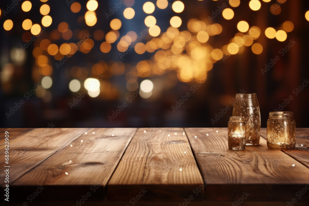 Wooden slatted table with a background of defocused lights. Generative AI. - obrazy, fototapety, plakaty 