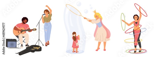 Street music band, artist with bubble, gymnast with hula-hoop