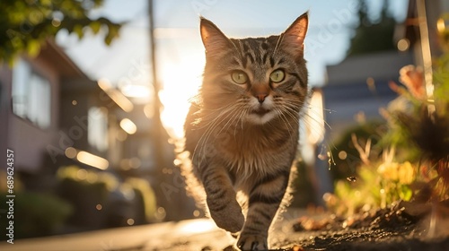 AI generated illustration of a cat leisurely walking in the middle of a sunny city street photo