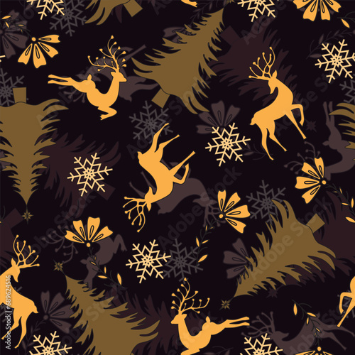 Seamless pattern with Christmas trees, snow, flowers and flat images of deer.