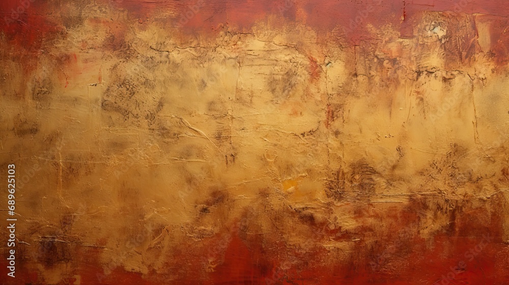 Gold and red paint on the wall. Streaks and drops. Textured abstract background. Free space for the card and web design
