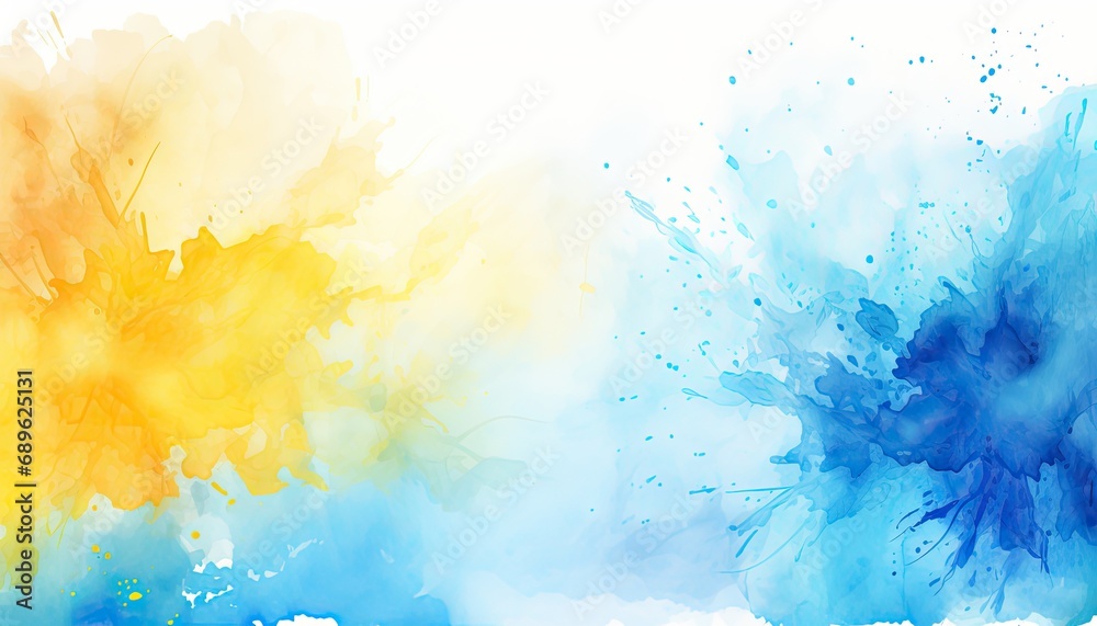 Abstract splashes of blue and yellow paint. Watercolor stains on paper or wall. The basis for a banner, postcard - obrazy, fototapety, plakaty 