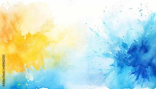 Abstract splashes of blue and yellow paint. Watercolor stains on paper or wall. The basis for a banner, postcard photo