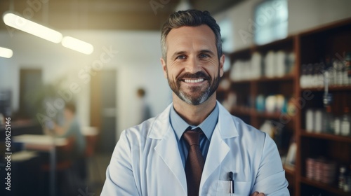 Portrait of a friendly doctor in a white coat, smiling at the camera in a clinic setting photo