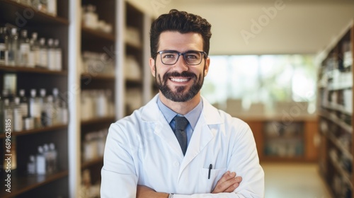 Portrait of a friendly doctor in a white coat, smiling at the camera in a clinic setting