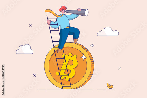 Cryptocurrency investment concept. Vision to discover high profit bitcoin or crypto coin, future growth or best performance token, businessman with telescope climb up crypto coin to see opportunity.