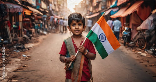 Indian boy holding India flag in a street photo