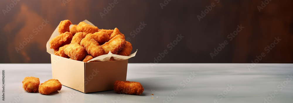 Chicken nuggets in cardboard box food delivery service. Fried chicken legs in cardboard box package fast food take away delivery illustration. Crispy appetizing golden poultry limbs hot crunchy nugget - obrazy, fototapety, plakaty 